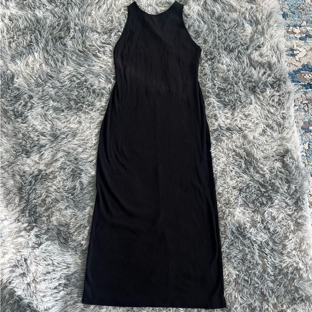 H&M Black Ribbed Tank Open Back Strappy Back Maxi Dress-‎ Size US 8